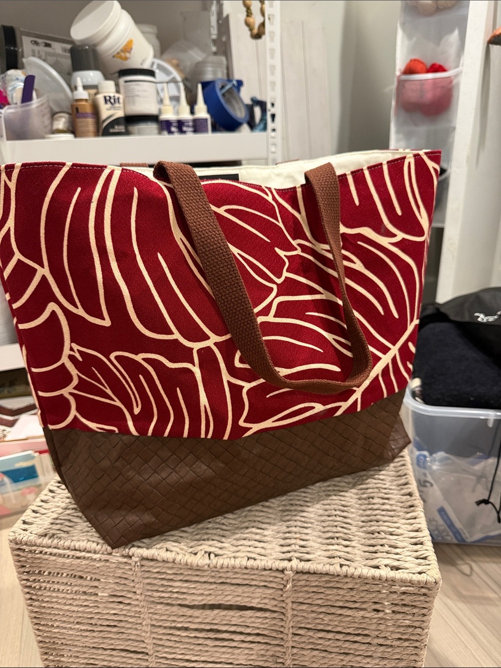 Red Printed Fabric lined Bag with Brown vegan leather Base